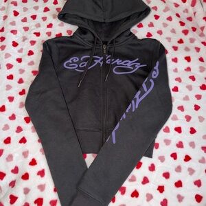 Ed Hardy Charcoal Hoodie with Lavender Script
